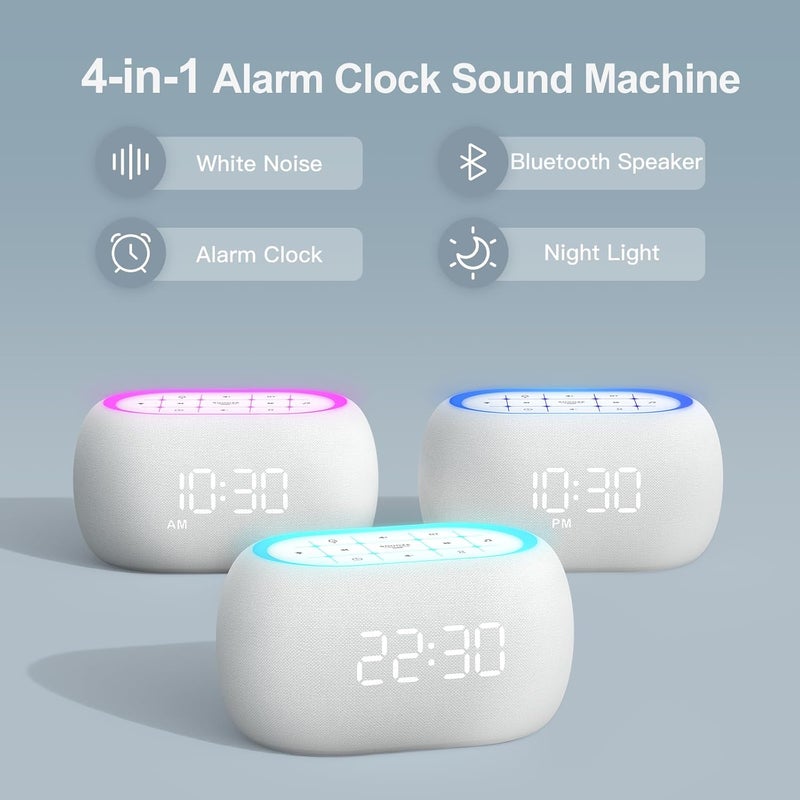 ANJANK White Noise Sound Machine Alarm Clock with Hi-Fi Bluetooth Speaker, 21 Soothing Sounds/7 Night Lights, 0-100% Dimmer/Sleep Timer/Volume Control, Soother for Adults Kids Sleeping, Bedroom, White - Image 2